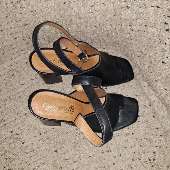 L'INTERVALLE-Black Leather- Dbl Wrap Ankle Strap-Toe Post-Block Heel-Sz 40-NWOB - Picture 7 of 8